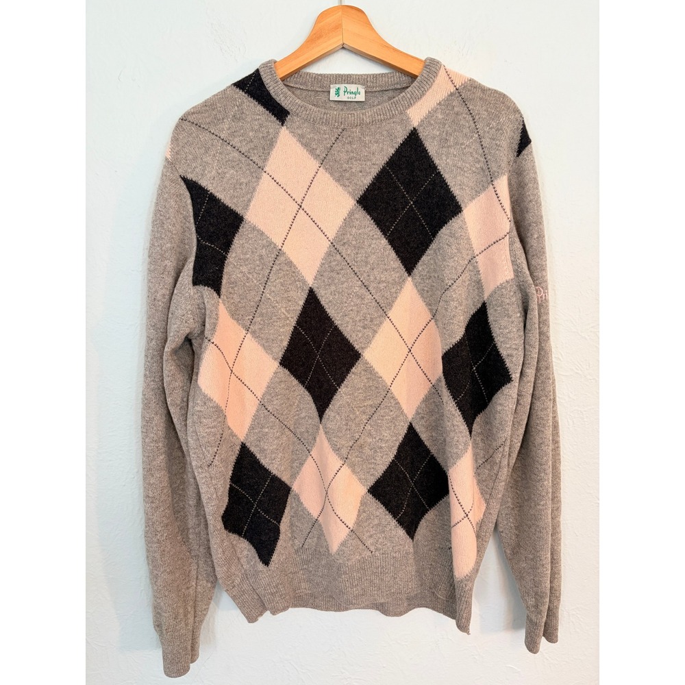 Pringle of Scotland Golf Sweater Large Grey Pink Argyle Wool Preppy Academic